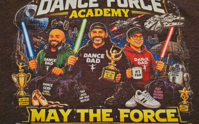 Dark shirt with a colorful Dance Force Academy dance dad design